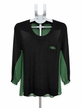 CAbi Layered Look Black Knit Tunic Green Chiffon Insets Pocket M